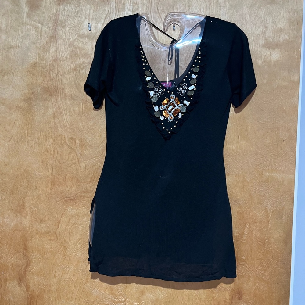 Women’s Black V-Neck Embellished Top (Sz.L)